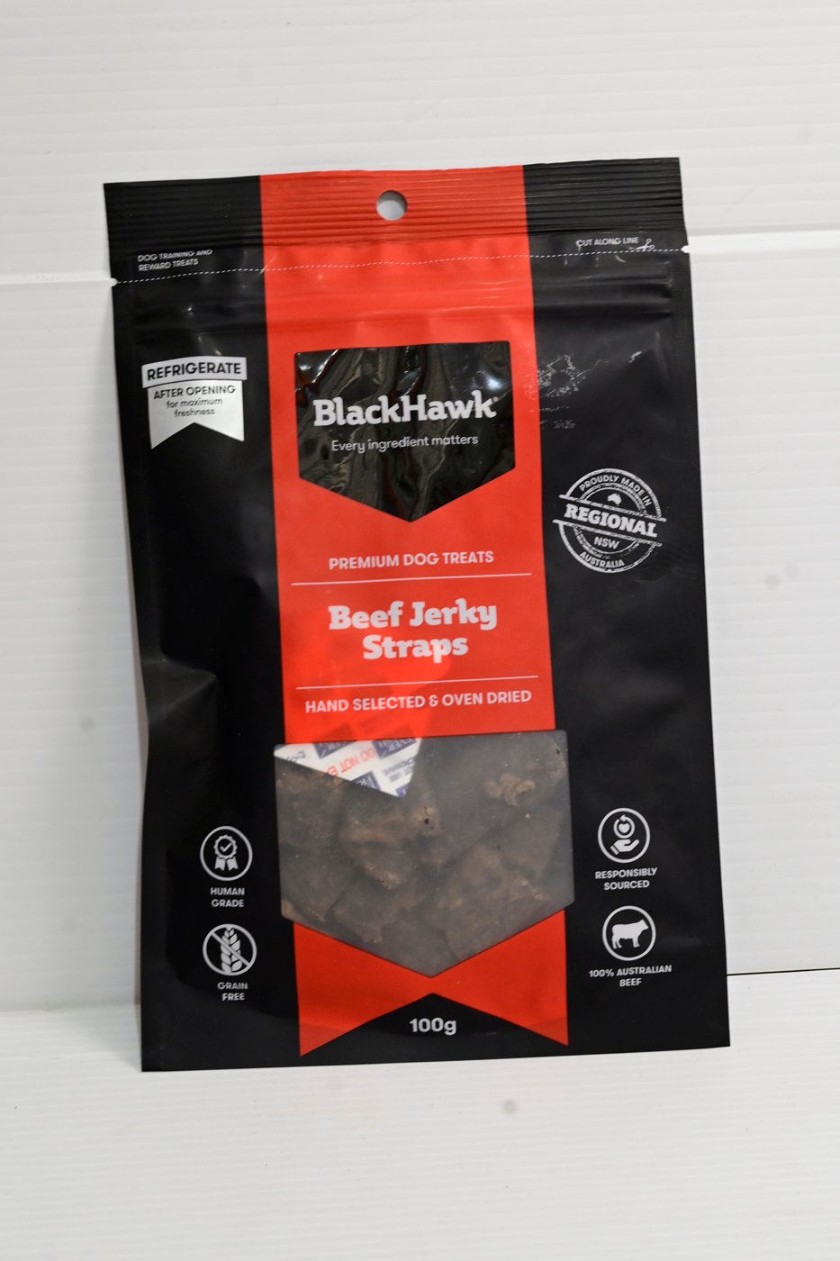 9312239048748_1.jpg Black Hawk Dog Treats Beef Jerky Straps 100g